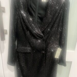 Eliza J Black Sequin Long Sleeve Shawl Collar Tuxedo Cocktail Dress Size 6 NWT